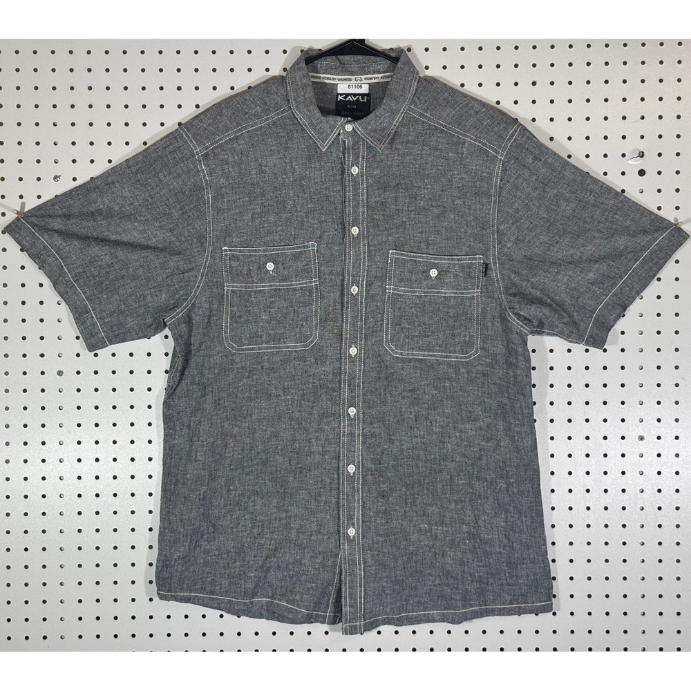 KAVU Mens XL Gray Cotton Linen Short Sleeve Button Down Shirt Contrast Stitch